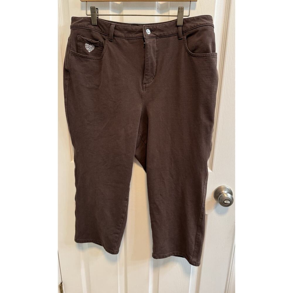 Quacker Factory 16 Dream Jeannes Brown Zip Button 5-pocket Crop Pants Stretch
